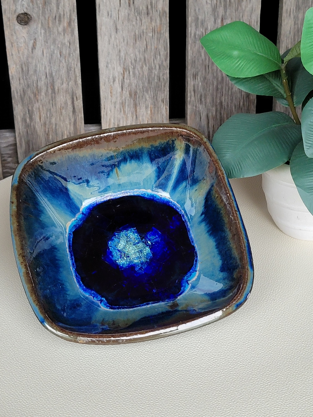 Handcrafted Blue Glaze Square Pottery Bowl - Home